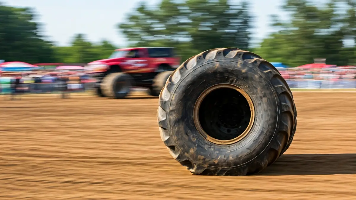Irudi generikoa, pneumatiko handi bat lehen planoan, atzealdean motor ikuskizun baten ekintza lausoa duena.