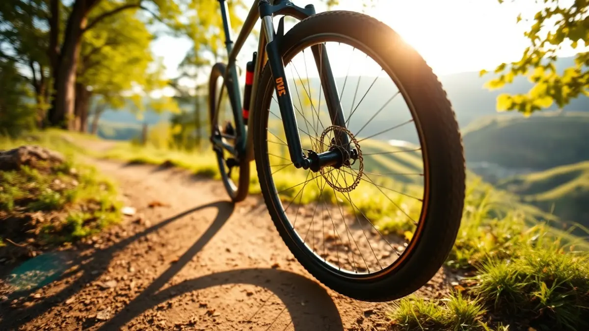 Generic image of a mountain bike wheel on a dirt trail, with green trees and hills in the background.