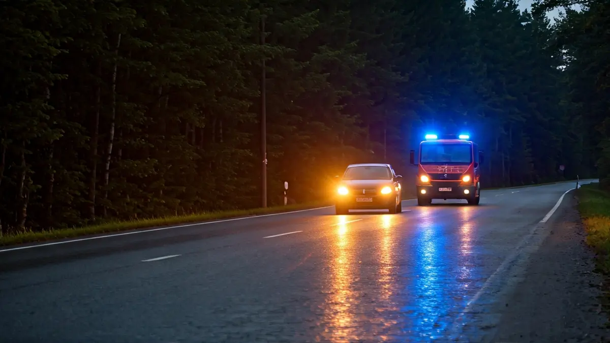 Imagen genérica de luces de emergencia reflejándose en el asfalto de una carretera al anochecer.