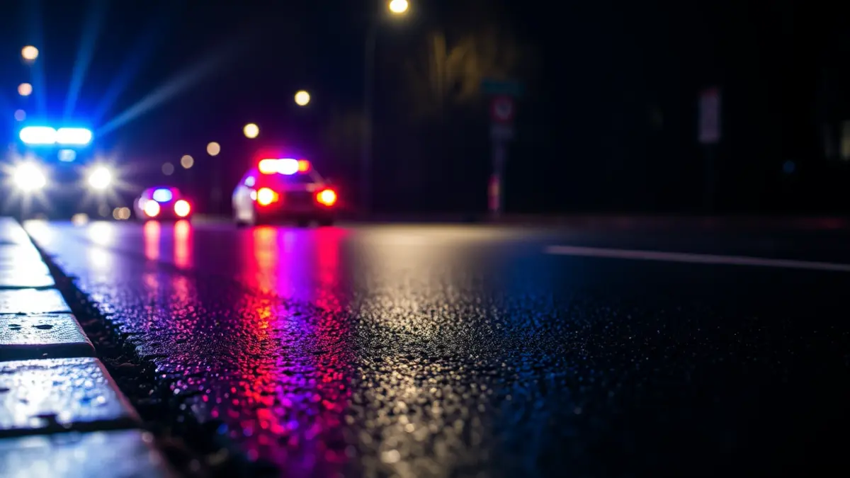 Generic image: Emergency lights reflecting on wet asphalt at night.