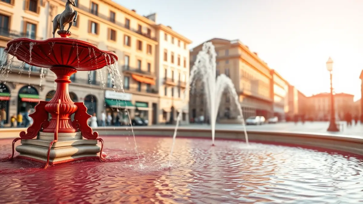 Moyúa Square fountain in Bilbao, with water dyed red after a protest action.