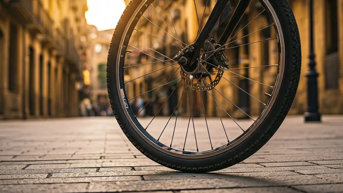 Generic image of a bicycle wheel in an urban setting.