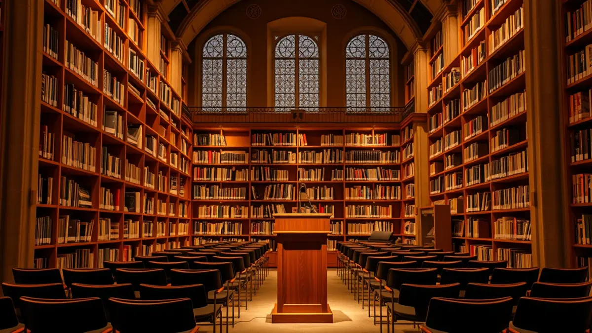 Imagen genérica del interior de una biblioteca con un micrófono y sillas vacías.