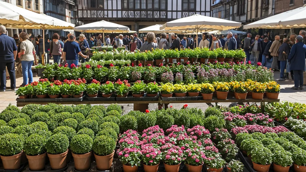 Mungiako landare eta lore azokaren irudi generikoa, postu koloretsuekin.