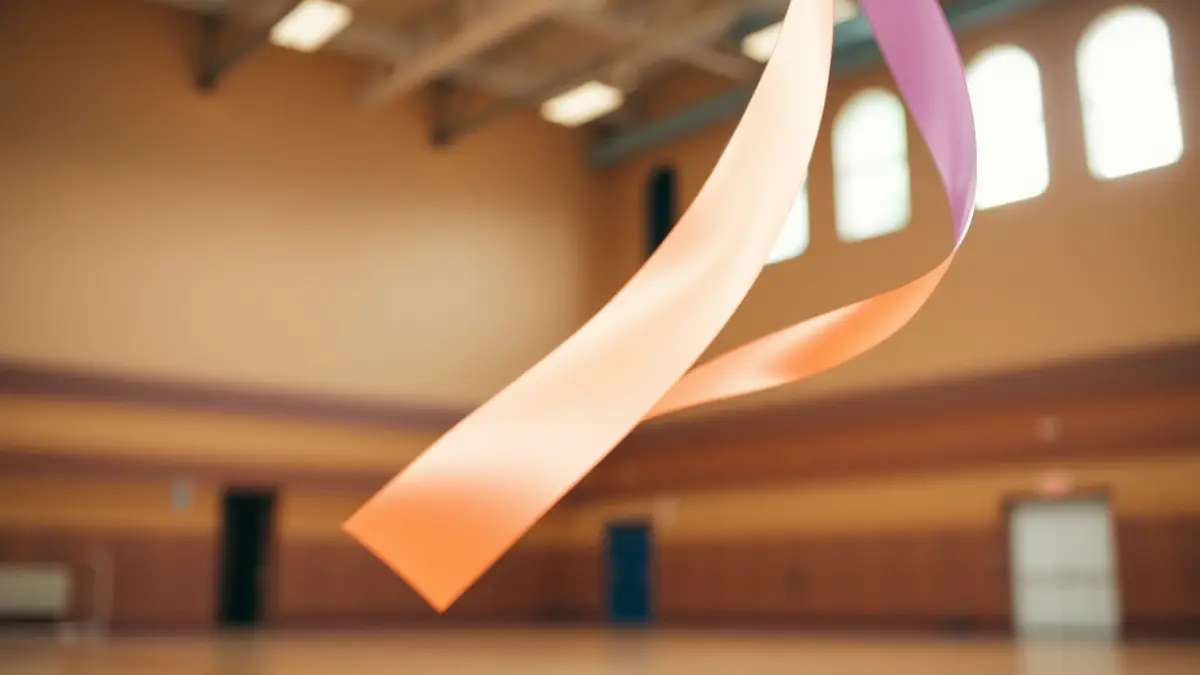 Generic image of a rhythmic gymnastics ribbon in motion, with a blurred gymnasium background.