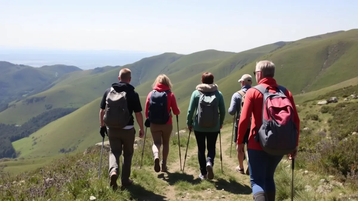 Mendizale talde bat Euskal Herriko mendi bide batean, elkartasun eta kanpoko jarduera sentsazioa transmititzen duena.