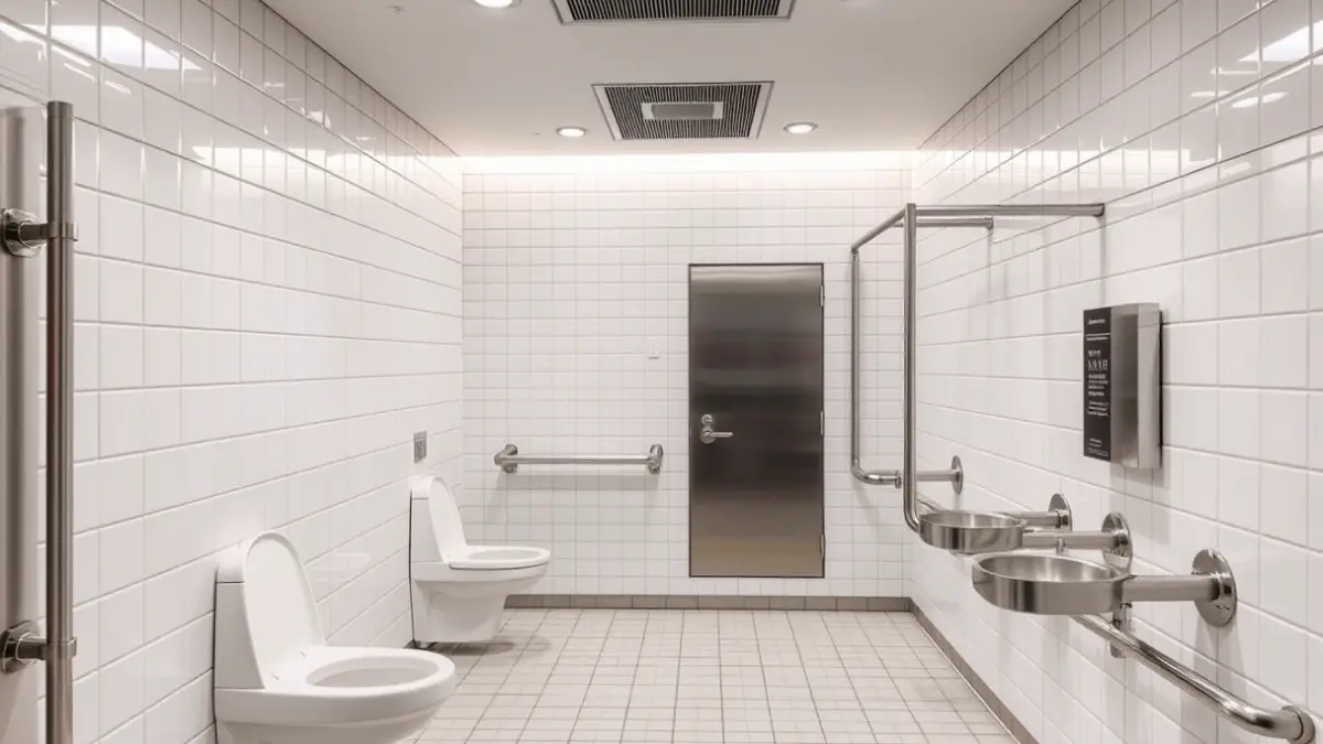 Imagen genérica del interior de un baño público moderno, enfatizando la accesibilidad y el confort.