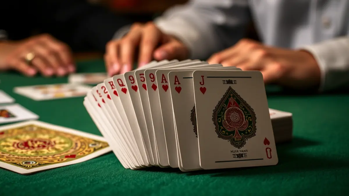 Generic image of a deck of Mus playing cards fanned out on a green felt table.