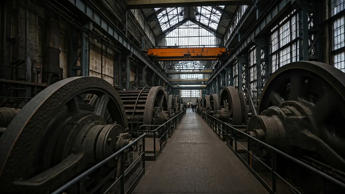 Irudi generikoa fabrika-museo historiko baten barrualde ilun batekoa, makineria zaharrarekin.