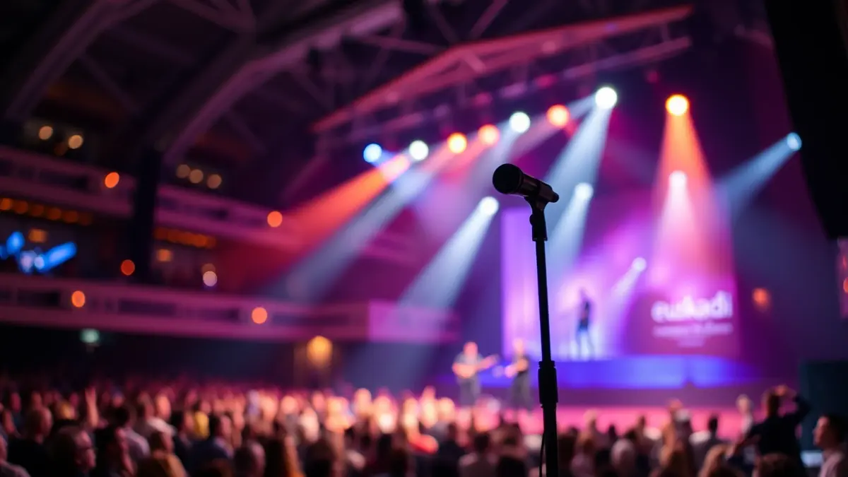 Imagen genérica de un escenario de concierto de música en vivo, con luces borrosas y un micrófono.