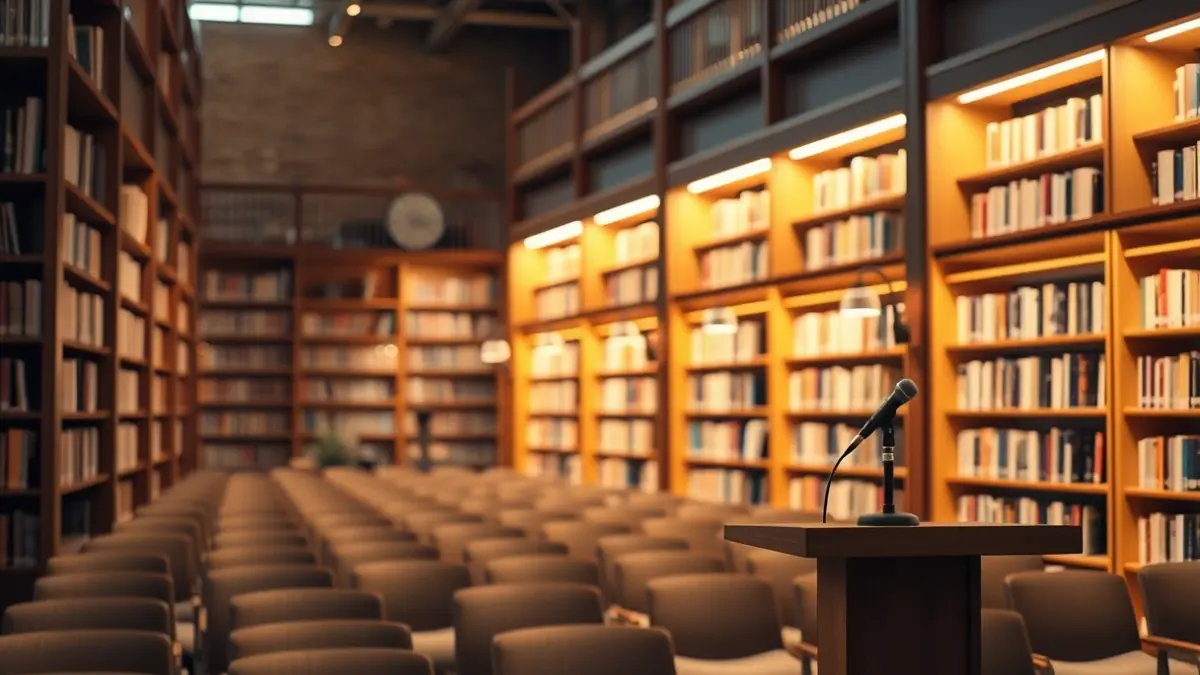 Imagen genérica de un interior de biblioteca con un micrófono, representando un evento musical.