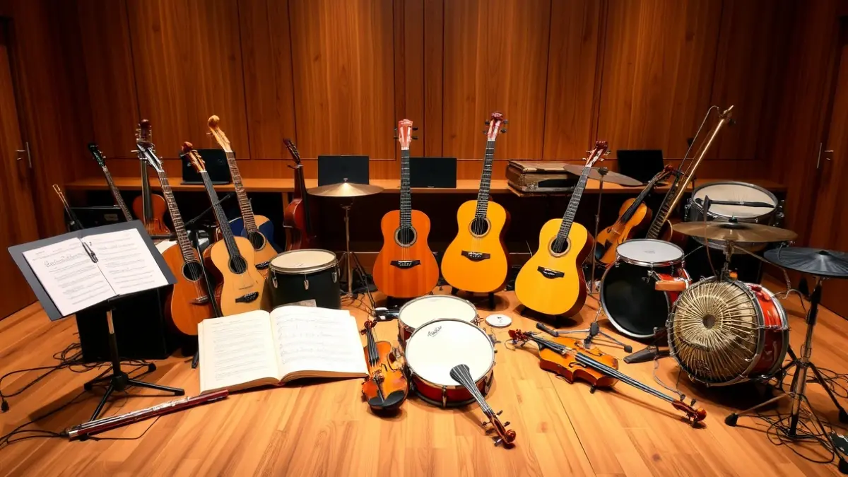 Irudi generikoa musika instrumentu askorena, musika eskola edo kontzertu giroa iradokitzen duena.