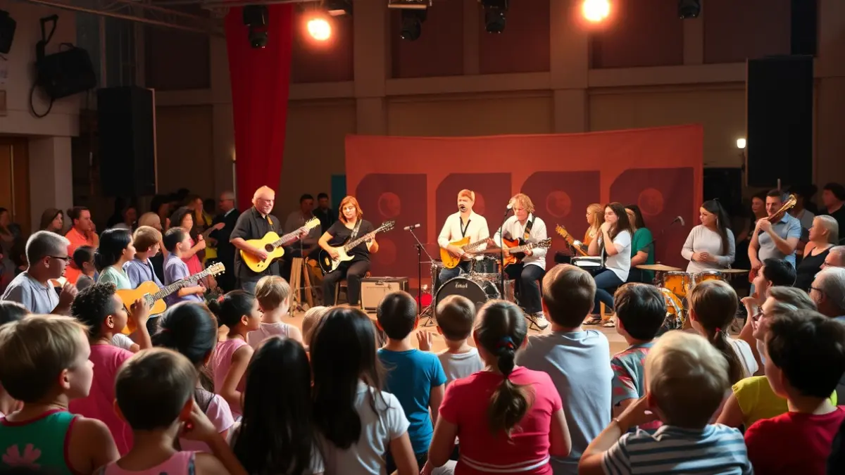 Imagen genérica de un concierto didáctico de música para niños, con músicos y público interactuando.
