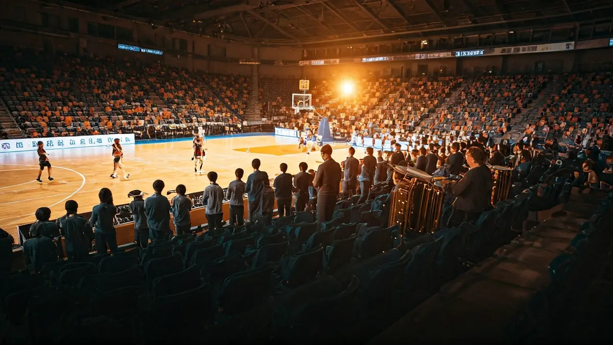 Gazte musikariak saskibaloi partida batean animatzen, haize eta perkusio instrumentuekin.