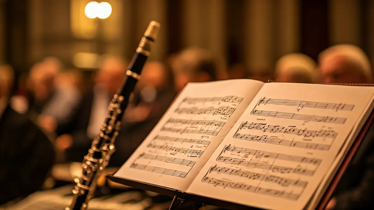 Irudi generikoa: Musika partitura baten xehetasuna, atzealdean instrumentu bat lauso ikusten dela.