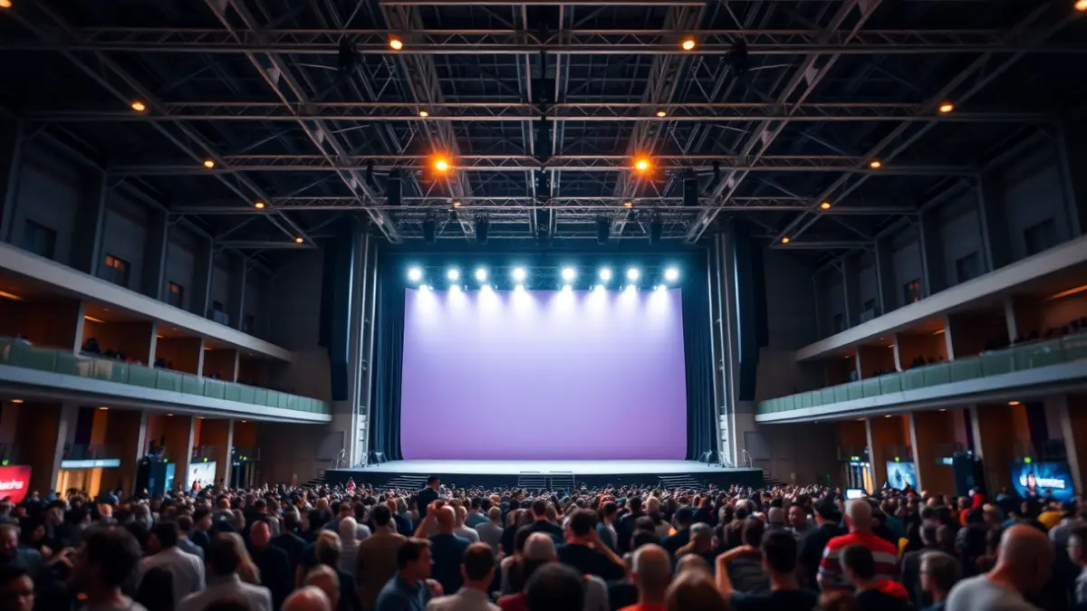 Generic image of an empty stage at Bilbao Exhibition Centre, with bright lights and blurred audience.