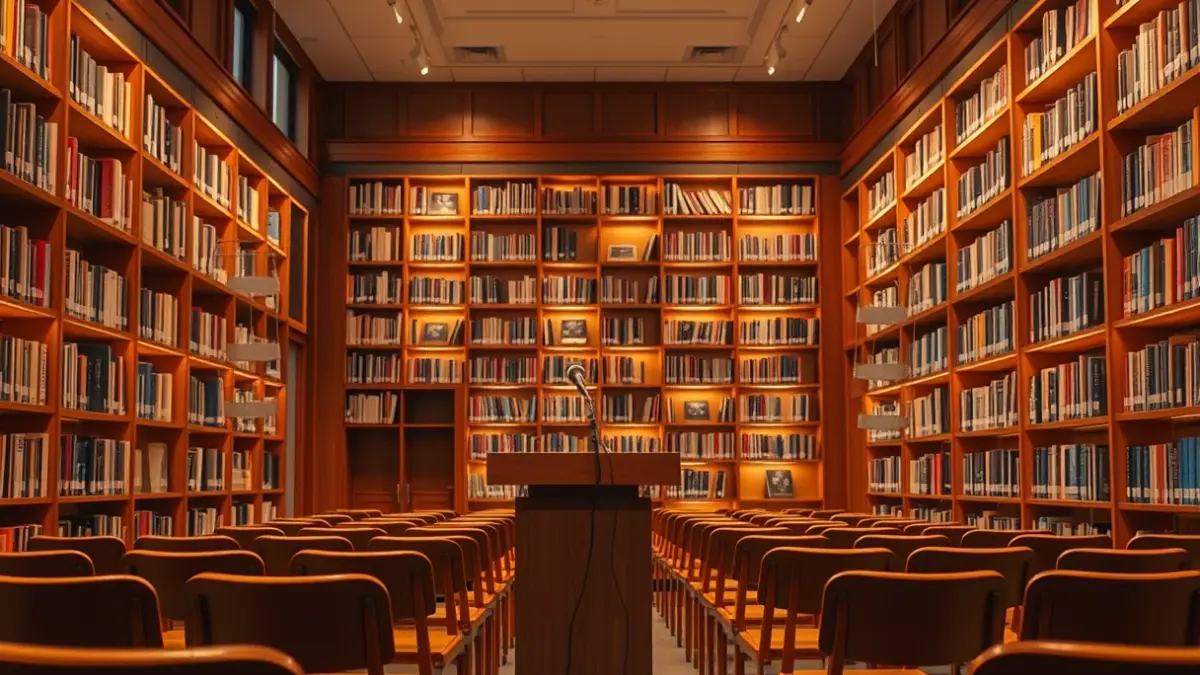 Irudi generikoa liburutegi baten barrualdekoa, mikrofono batekin eta aulki hutsekin.