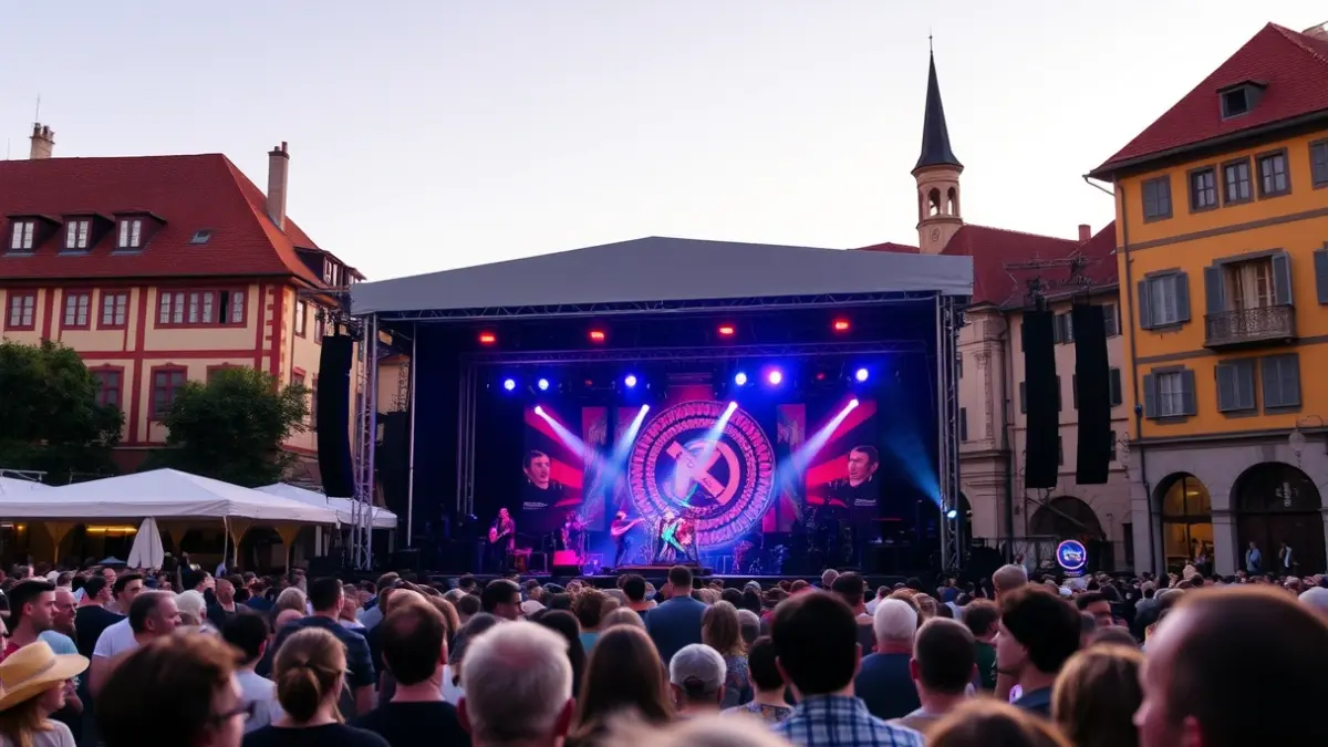 Irudi generikoa musika jaialdi baten eszenatokia eta ikusle lausoak erakusten dituena, Euskadiko arkitektura tradizionalarekin.