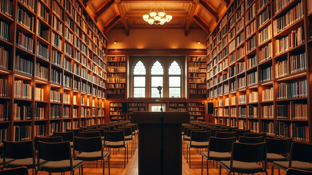 Generic image of: Library interior with a microphone and empty chairs.