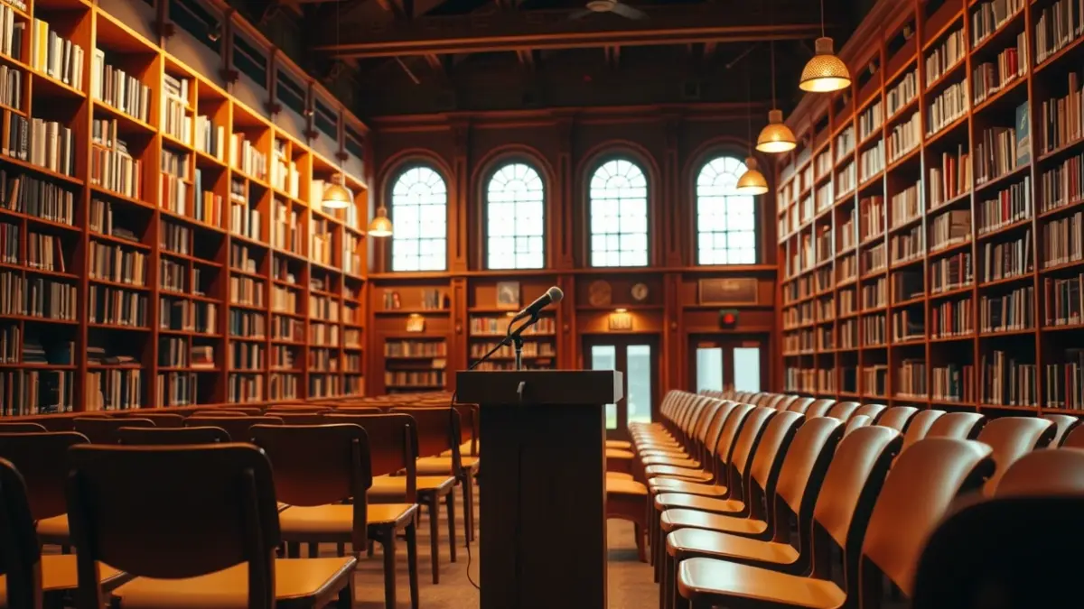 Irudi generikoa liburutegi baten barrualdekoa, mikrofono batekin eta aulki ilarekin.