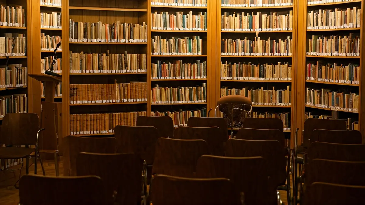 Irudi generikoa liburutegi bateko barrualdeko, apalategi eta mikrofono batekin.