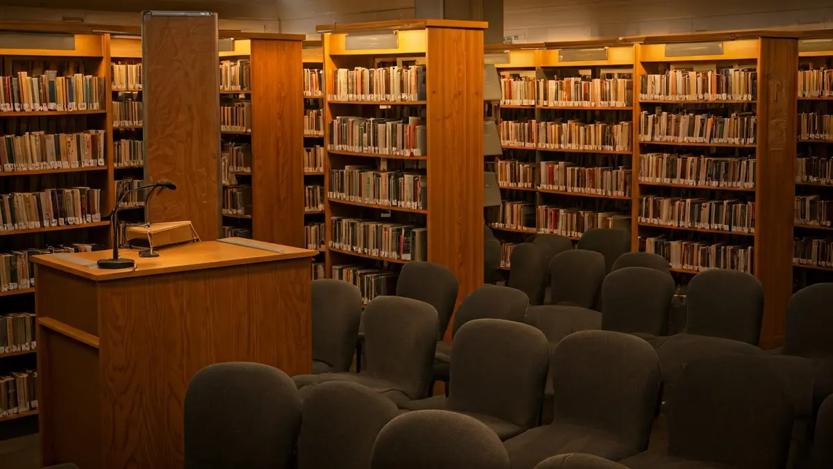 Irudi generikoa liburutegi baten barrualdekoa, apalategi eta mikrofono batekin.