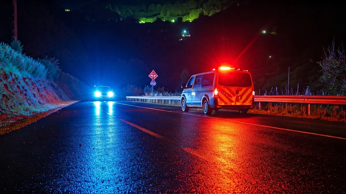 Irudi generikoa: Larrialdi-argi urdin eta gorriak asfalto hezean islatzen dira gauez.