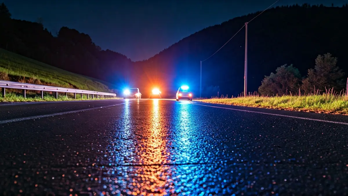 Generic image: Emergency lights reflecting on wet asphalt at night, in a rural Euskadi setting.