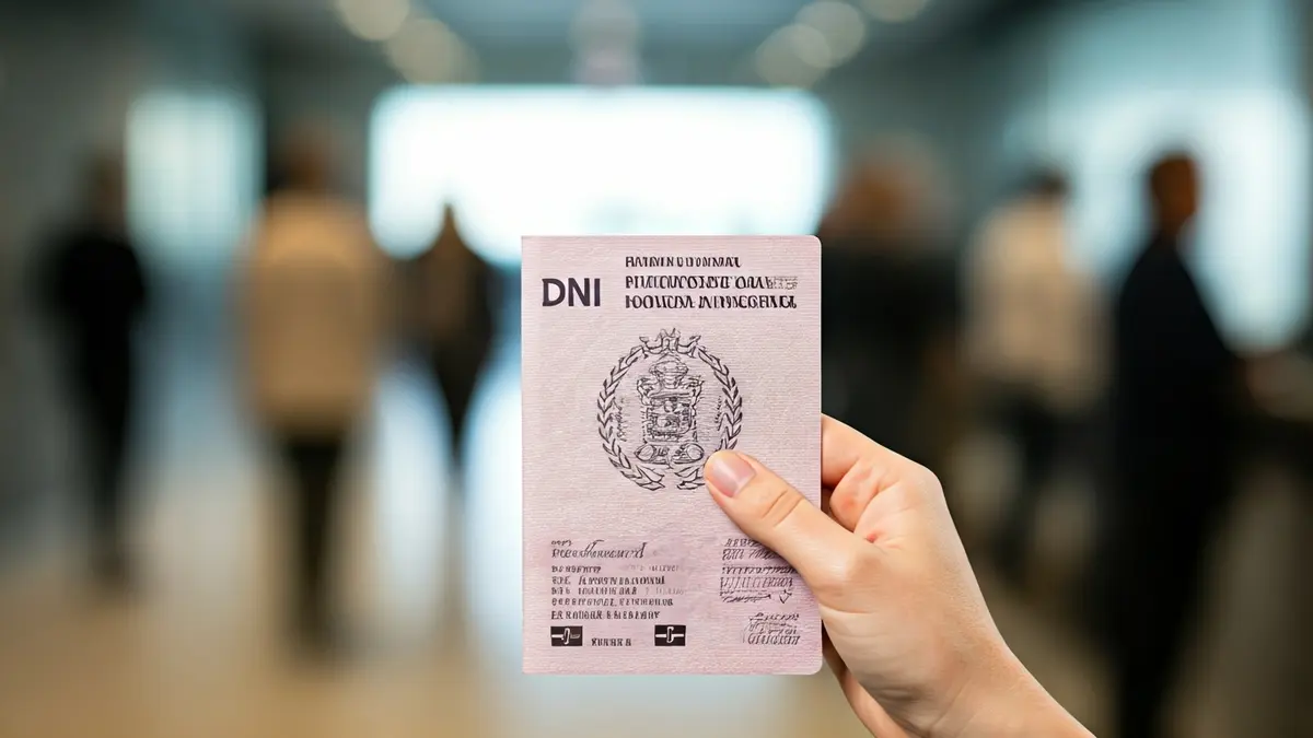 Generic image of a hand holding a DNI or passport, with a blurred office background.