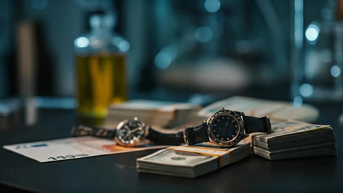 Diru-sortak eta luxuzko erlojuak mahai ilun baten gainean, atzealde lauso batekin, argiztapen ahul eta fokatuan.