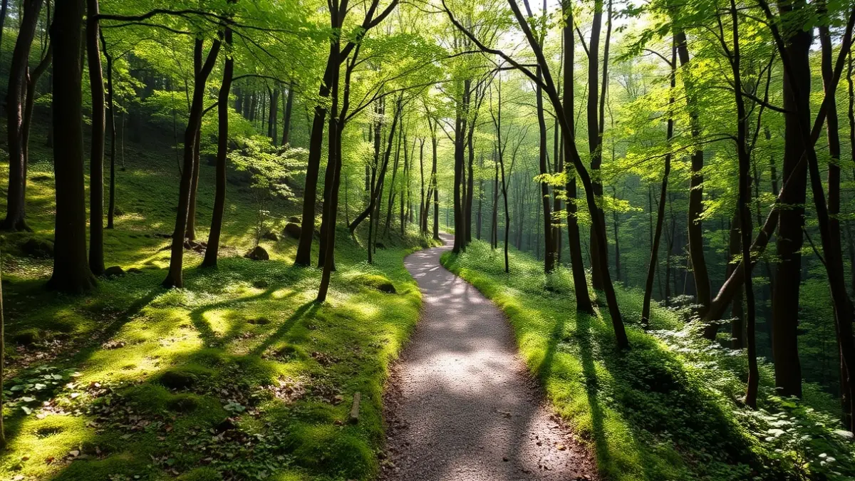 Irudi generikoa mendiko bide batena, zuhaitzen artean eguzki-argia iragazten dela.