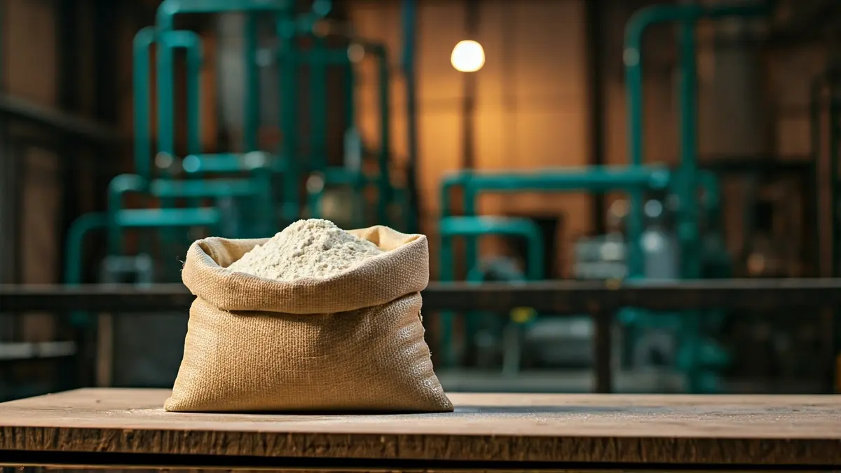 Irudi generikoa: Arto irin poltsa baten hurbileko planoa, hauts zuriarekin, laborategi industrial batean.