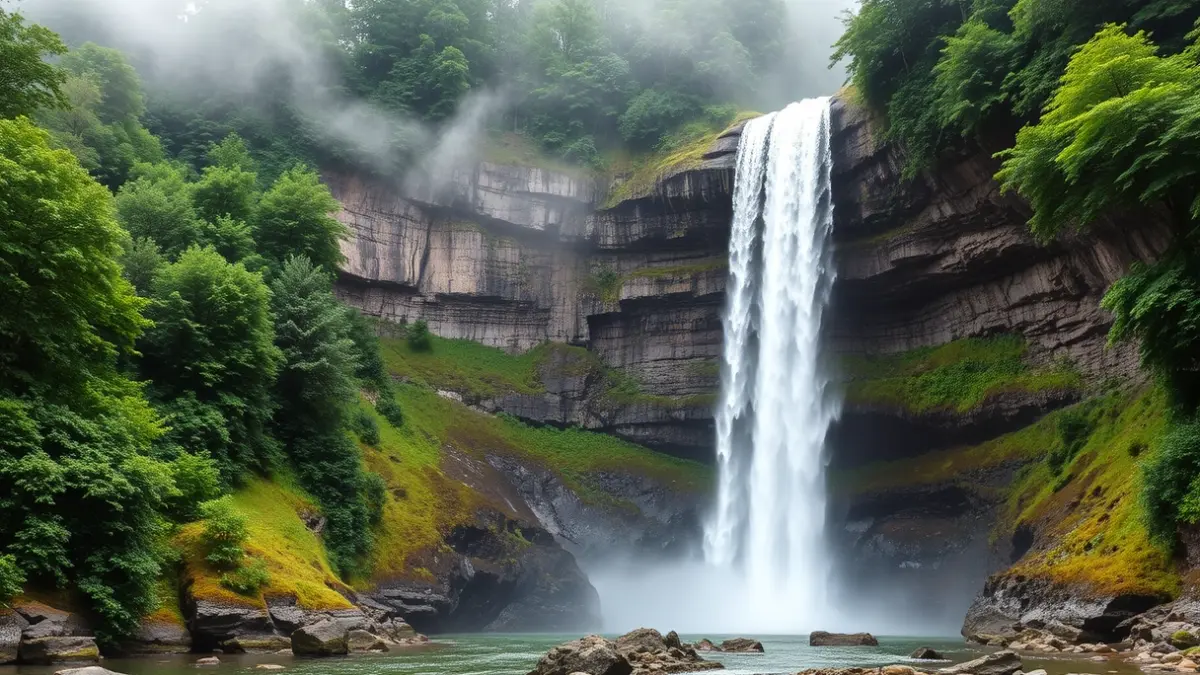 Ur-jauzi ikusgarria Euskadiko paisaia berde batean, baso trinkoek inguratuta.