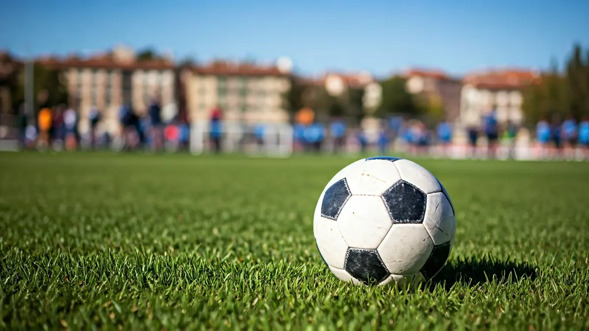 Generic image of a soccer ball on grass, with a blurred goal net in the background.