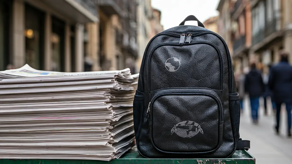 Commemorative backpack from Noticias de Gipuzkoa, displayed at a newsstand.