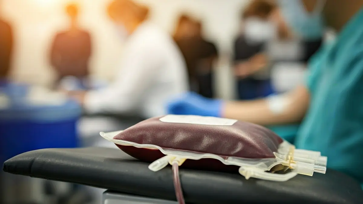 Generic image of the blood donation process, with medical staff in a blurred background.