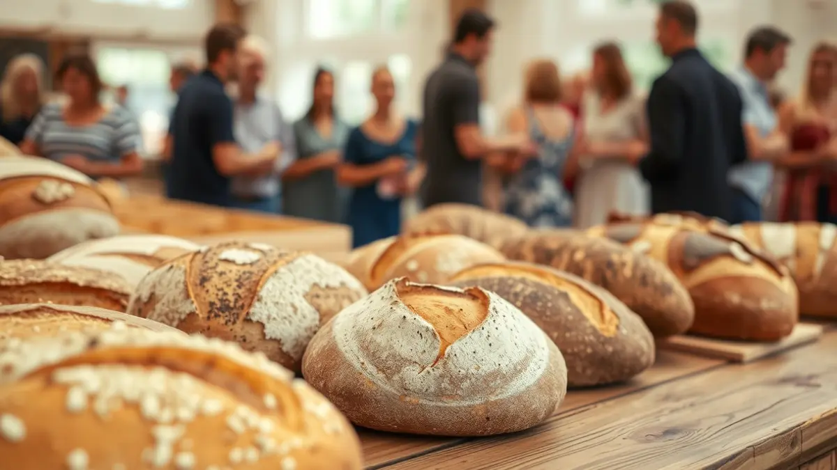 Generic image of various artisanal bread loaves on a rustic table, with people at a community event in the background.