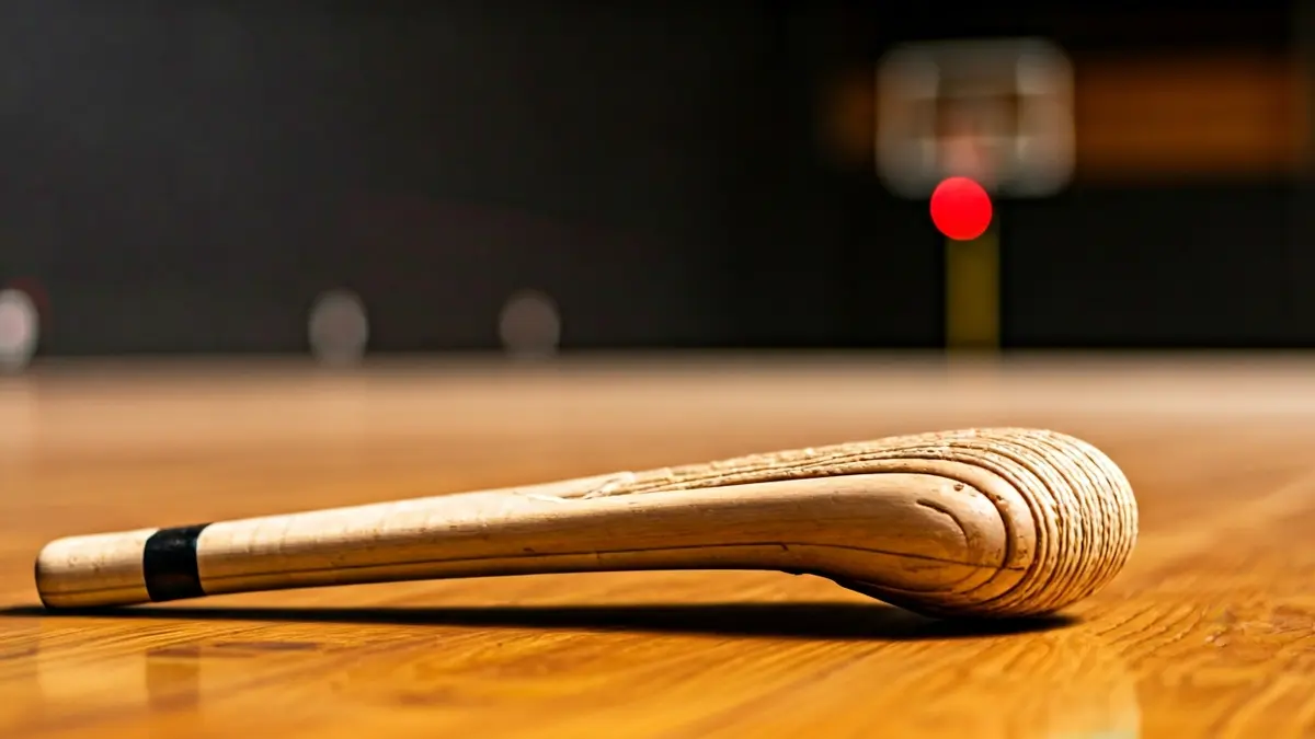 Generic image of a Basque pelota racket on a wooden court.