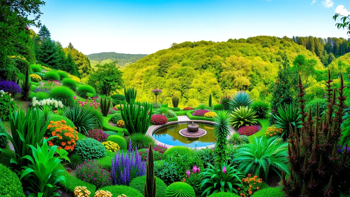 Oiartzunen dagoen Lur Garden lorategi botanikoaren irudi orokorra, landare eta lore anitzekin.