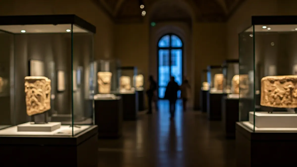 Irudi generikoa museoko erakusketa areto baten barrualdekoa, argiztapen leunarekin eta antzinako erromatar objektuekin.