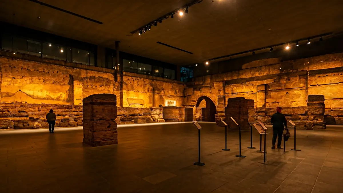 Oiassoko terma erromatarren hondakinak museo batean, argiztapen leunarekin.