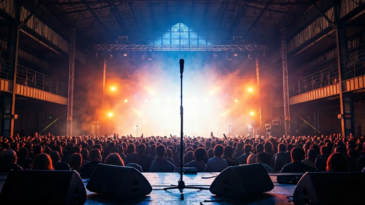 Irudi generikoa kontzertu baten eszenatokiarena, argi dinamikoekin eta mikrofono batekin.