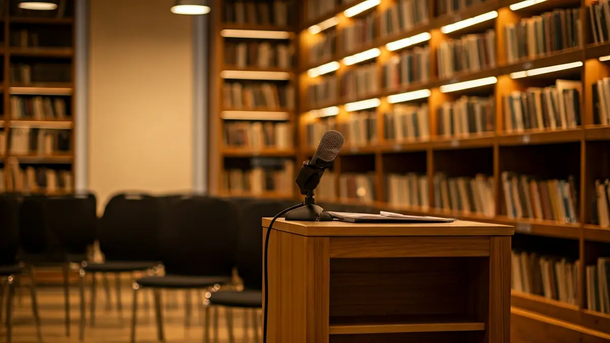 Generic image of a cultural center hall, with empty chairs and a microphone.
