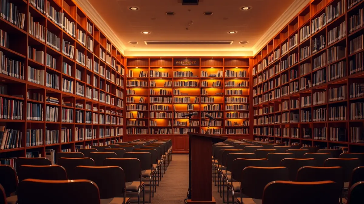 Generic image of a library interior, with a microphone and rows of chairs.