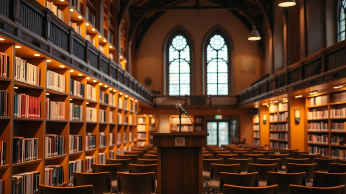 Imagen genérica de una sala de conferencias en una biblioteca, con un micrófono y sillas vacías.