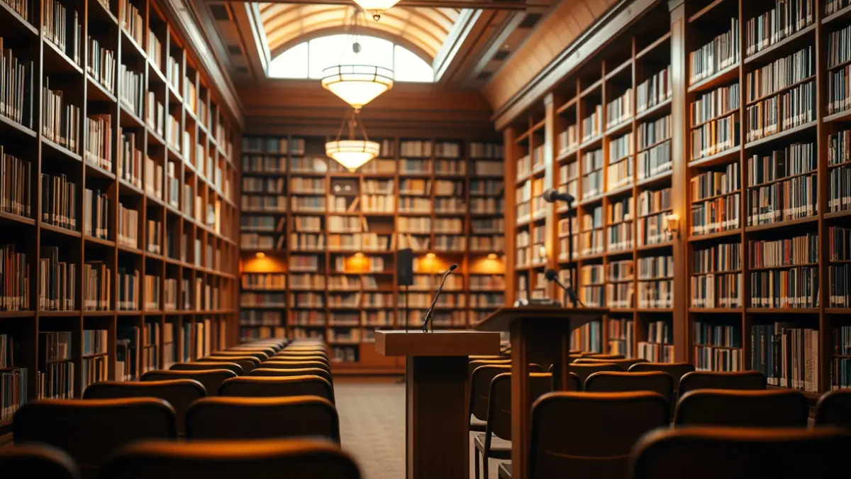 Irudi generikoa: Liburutegi baten barrualdea, egurrezko apalategiekin eta mikrofono batekin.