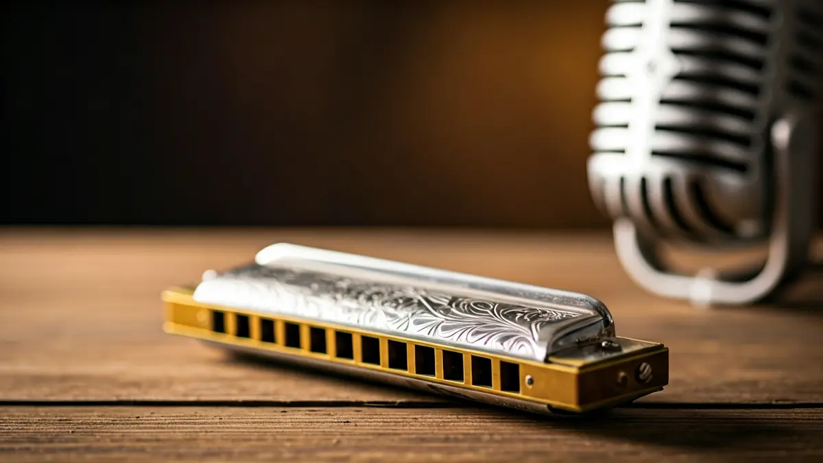 Irudi generikoa blues musika tresna batekin, harmonika bat egurrezko gainazal batean.