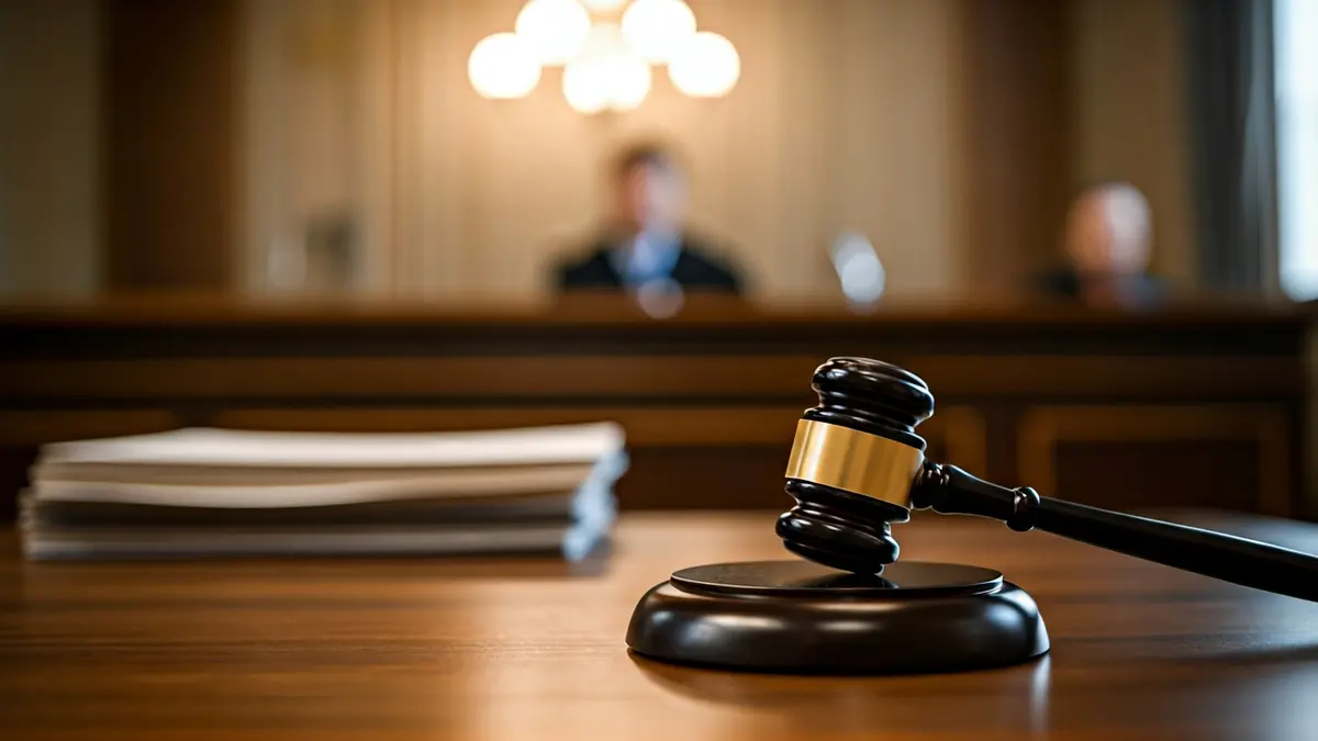 Generic image of a gavel on a wooden desk in a courtroom, with blurred legal documents in the background.