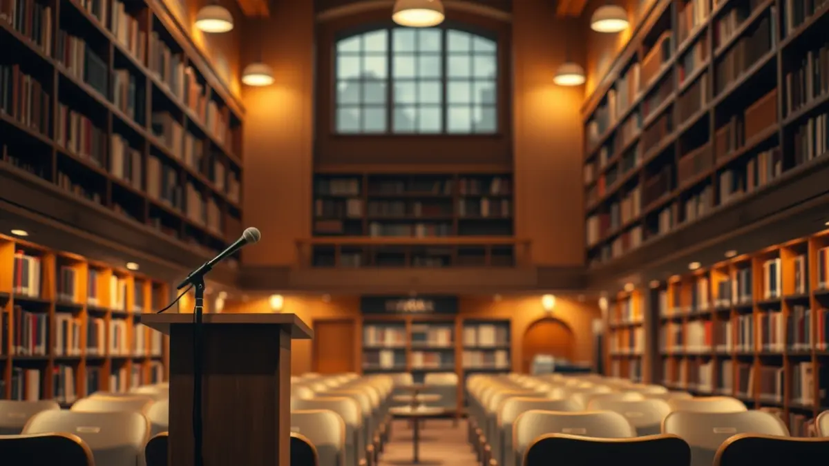Imagen genérica del interior de una biblioteca con un micrófono y sillas vacías.