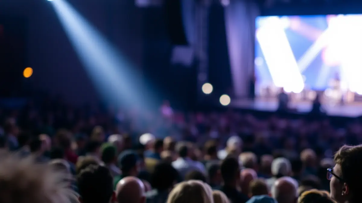 Irudi generikoa kontzertu baten aurreko jende-multzo baten, argi eszenikoekin atzealdean.